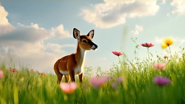 A cute deer  in a meadow filled with beautiful wildflowers. 