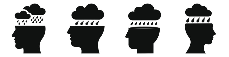 Head with cloud and rain (sadness/depression), Mental Health and Self Care. Four profile views of heads, each with a rain cloud above, symbolizing mental stress or negativity.