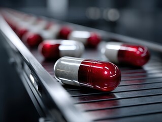 Red and white capsules on a conveyor belt, in focus at the front, with a blurred background. Capsules are reflective and glossy, indicating a pharmaceutical setting