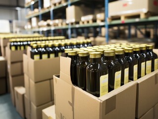 Glass bottles with yellow labels are neatly packed in cardboard boxes on metal shelves in a warehouse environment, creating an organized and efficient storage space