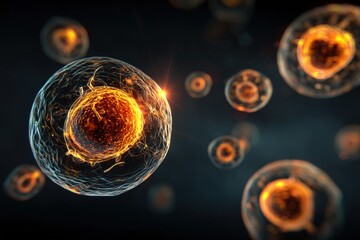 Cells with glowing orange cores and intricate outer structures float against a dark backdrop, evoking a sense of microscopic wonder and scientific intrigue