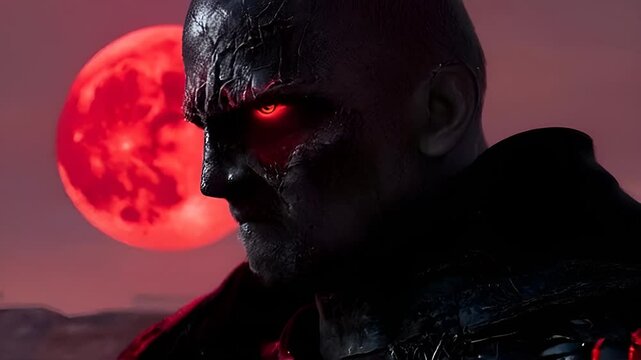 A cursed knight in cracked black armor, glowing red runes etched across the surface, one eye glowing with an eerie swirl. 