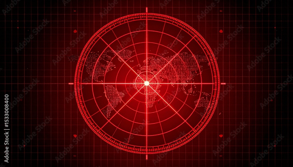 Poster red radar screen displaying a world map at its center. the radar is emitting red signals, giving the