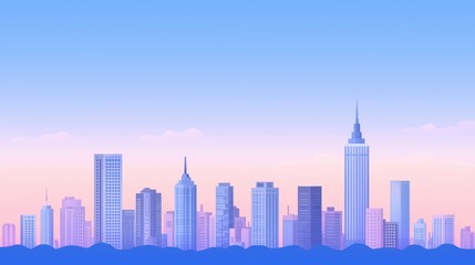 Naklejka premium Urban skyline illustration featuring iconic landmarks and a vibrant sunset sky in pastel colors for artistic and modern design