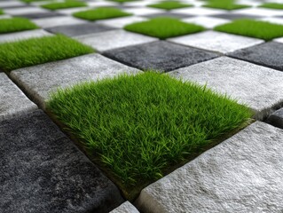 Square stone tiles with alternating patches of vibrant green grass create a checkerboard pattern. The arrangement provides a contrast between the lush greenery and the textured stones
