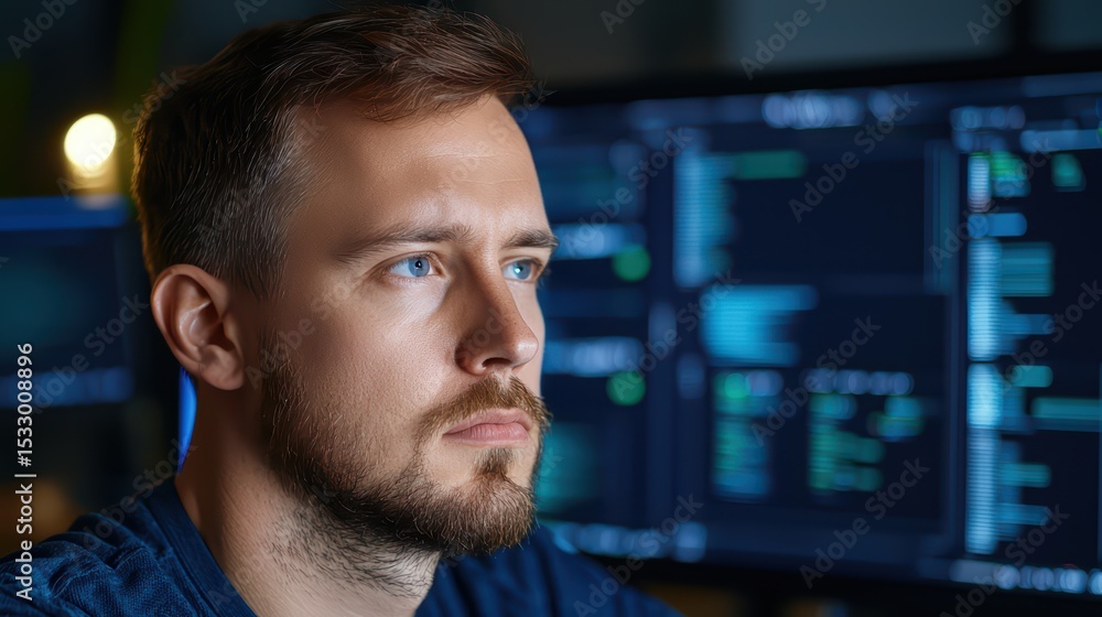 Poster focused male programmer working on computer code in a dark office environment with digital screens i