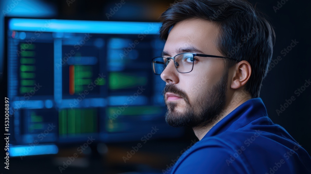 Poster young male professional with glasses focused on coding data analysis in dark office environment with