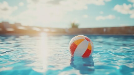 A colorful beach ball floats on the surface of a clear swimming pool under a bright sun. 