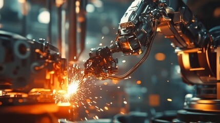 Industrial robotic arms welding metal parts in a factory setting. Sparks fly as the machines operate efficiently. Focus on technology and automation.