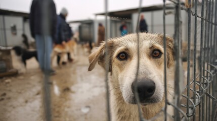 A close-up of a light brown dog with expressive eyes, behind a wire fence in an animal shelter. People are blurred in the background, creating a sense of urgency.