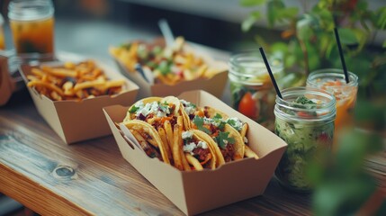 Delicious tacos and fries served in cardboard containers on a wooden table. Refreshing drinks in jars are nearby, surrounded by greenery.