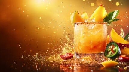 A refreshing cocktail with mango slices and jalapeño, served in a glass. The drink is splashing with vibrant colors against a warm, glowing background.