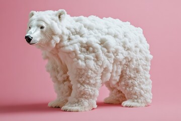 A fluffy, white polar bear sculpture made of cotton sits against a pink background. 