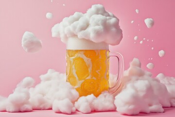 A frothy beer mug sits on a pink background, surrounded by fluffy white clouds. 