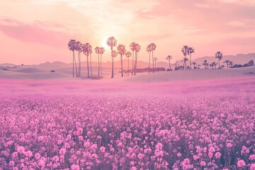 Pink Dreamscape: Field of Flowers at Sunset