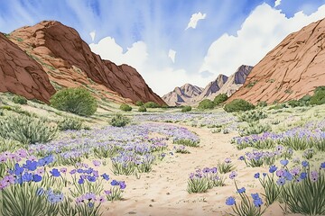 Anime-Style Desert Landscape with Wildflowers