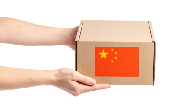 A cardboard box with the flag of China held gently between two hands, symbolizing international trade and delivery
