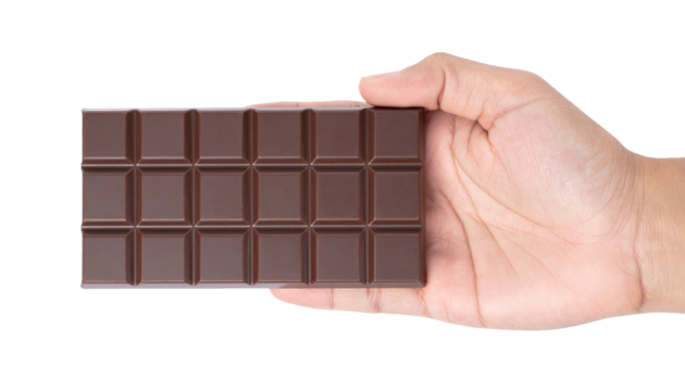 Hand holding a dark chocolate bar. Close-up shot. The chocolate is segmented and perfectly smooth