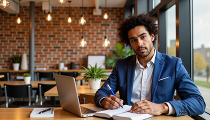 Professional man writing in notebook while working at cafe table  