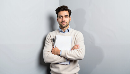 Confident young man standing with arms crossed holding a notebook