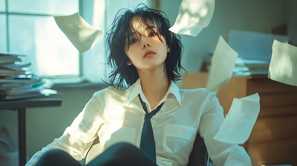 Focused East Asian female office worker sits in chair surrounded by scattered papers, exuding sense of determination and calm amidst chaos of her workspace
