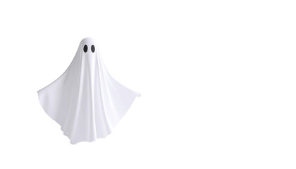 A ghost figure captured against a backdrop, appearing to float in the air. The figure is draped in a sheet, with two eye-holes visible