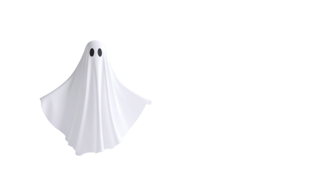 A ghost figure captured against a backdrop, appearing to float in the air. The figure is draped in a sheet, with two eye-holes visible