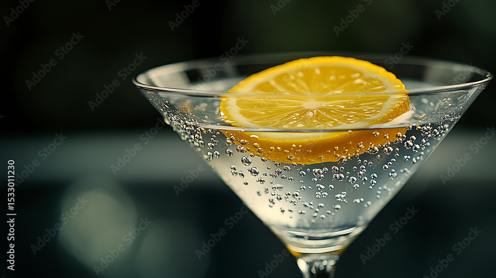 Poster refreshing glass of sparkling water features vibrant lemon slice floating on top, surrounded by bubb