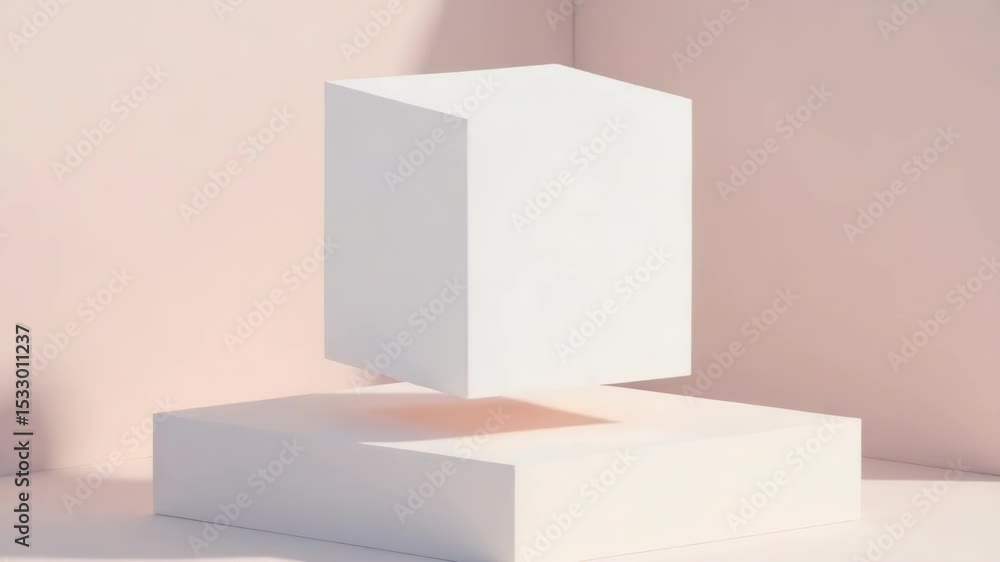 Poster a minimalist design featuring a small white cube perched atop a matching platform, ideal for use in 