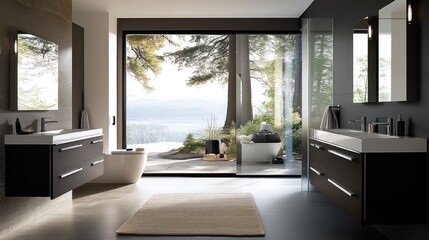 Fototapeta premium Modern bathroom design with scenic view of nature, large windows, and elegant furnishings in a serene setting