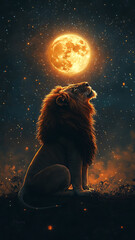 Majestic lion sits under starry night sky, gazing up at glowing full moon. scene evokes sense of wonder and tranquility, highlighting beauty of nature
