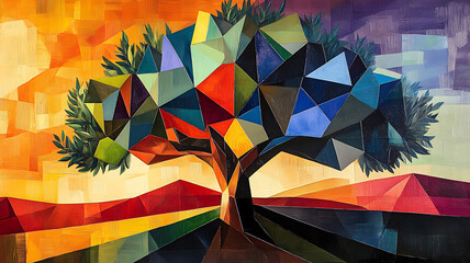 Abstract interpretation of olive tree, featuring bold geometric shapes and vibrant colors. artwork evokes sense of harmony and nature beauty, with striking sunset backdrop