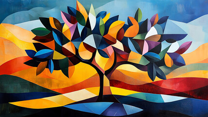Abstract interpretation of olive tree with bold geometric shapes and vibrant colors, showcasing harmonious blend of nature and art. emotional expression evokes sense of tranquility and creativity