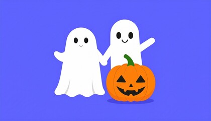 Two cute ghosts holding hands next to a carved pumpkin on a purple background.  Perfect for Halloween greeting cards and invitations. 