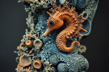 Fototapeta premium Seahorse sculpture with coral and sea life details on a dark background.