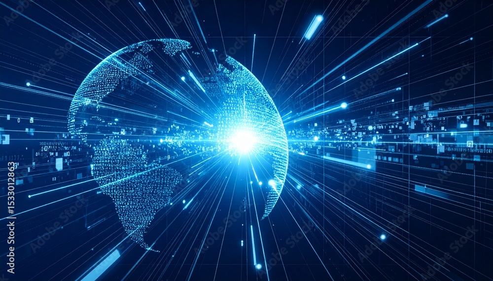 Poster global network concept with a bright light and digital lines that create connections around the worl