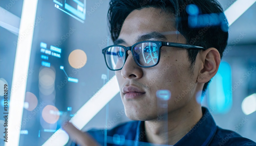 Poster a man is focused on data displayed on a futuristic interface