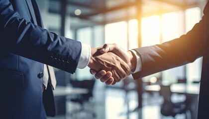 Two businessmen shaking hands in a modern office. The handshake symbolizes agreement, partnership, and business