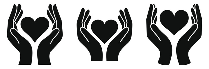 Heart inside hands (self-love), Mental Health and Self Care. Three black silhouettes of hands holding a heart, conveying a message of care, compassion, and protection.