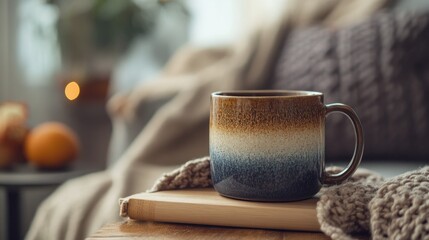 Cozy Indoor Scene with Warm Drink in Beautiful Mug on Wooden Surface Surrounded by Soft Decor and Natural Light