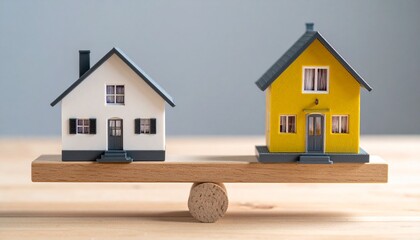Balancing Home Values with miniature houses on scale. White house vs Yellow house comparison concept