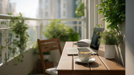 Minimalistic home office setup with laptop and coffee cup on balcony surrounded by plants, perfect for remote work, freelancing, and lifestyle blogs