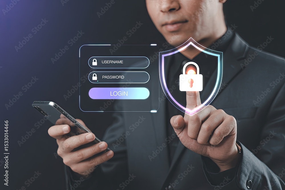 Poster businessman using smartphone for secure online login with digital shield and padlock protection