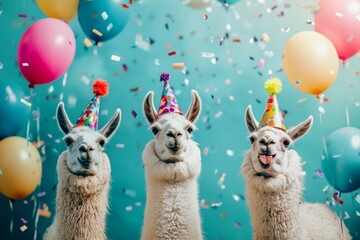 Lively llamas celebrate a birthday with festive hats, colorful balloons, and a grill party