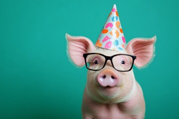 Charming pig in festive attire with party hat and glasses against a bright green backdrop