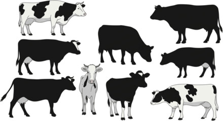 set of cow vector silhouettes, set of different style cow, Dairy farm cow, Cow Grazing On Meadow, vector silhouettes	