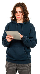 A young person with long hair uses a tablet, engrossed in the device's screen.