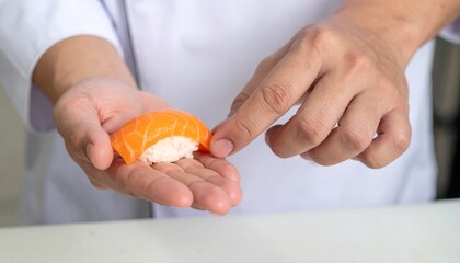 Chef carefully placing a piece of nigiri sushi on his palm. Close-up view of the sushi preparation process.