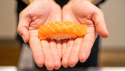 A piece of fresh salmon nigiri sushi delicately held between two hands. The vibrant orange hue of the salmon contrasts beautifully with the pearly white rice