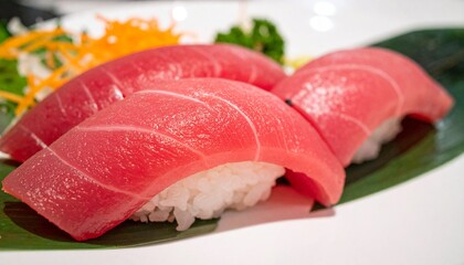 Delicious and fresh tuna sushi is artfully displayed. Each piece reveals the rich color of the tuna atop a bed of sushi rice.